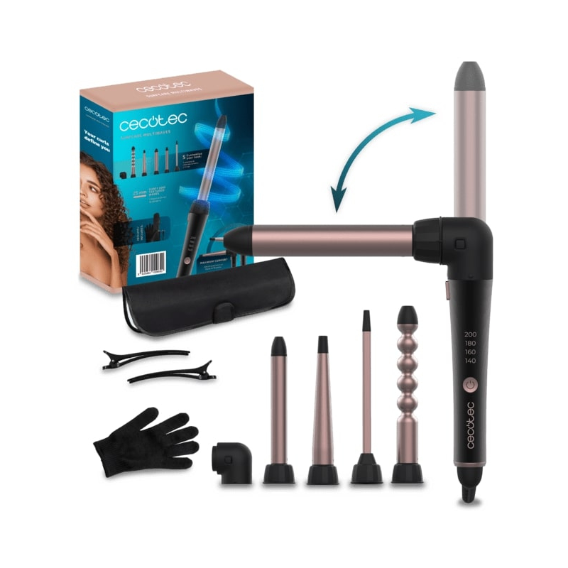 ondulator cecotec surfcare twistwaves, 5 capete interschimbabile, invelis ceramic, cot 90 grade, manusi termice, geanta si 2 cle