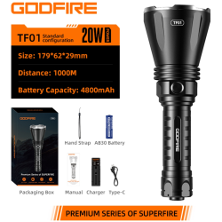 lanterna led  godfire tn05, 20w, 1600lm, 362m, ip55, magnet, usb-c, 5 moduri, lumina de urgenta
