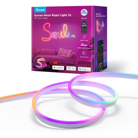 banda led govee neon rope 2 h61d4-w rgbic, inteligenta, 4m, sincronizare muzica, matter, wifi, alexa, google asistant - alb