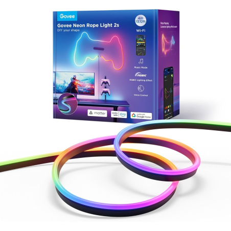 banda led govee neon rope 2 h61d4-b rgbic, inteligenta, 4m, sincronizare muzica, matter, wifi, alexa, google asistant -negru