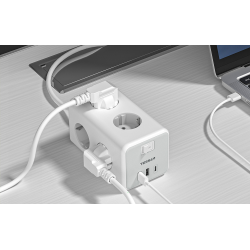 prelungitor tip cub tessan ts-306-c, 6 prize, 2 usb, 1 usb-c, 3a, cablu 2m