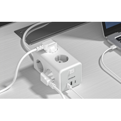 prelungitor tip cub tessan ts-306-c, 6 prize, 2 usb, 1 usb-c, 3a, cablu 2m