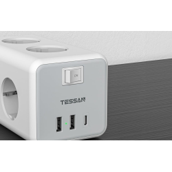 prelungitor tip cub tessan ts-306-c, 6 prize, 2 usb, 1 usb-c, 3a, cablu 2m