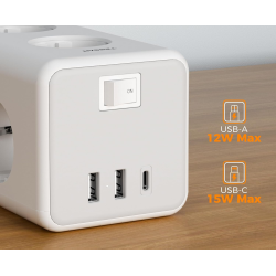 prelungitor tip turn tessan ts-306ts-c, 6 prize, 2 usb, 1 usb-c, 3a, cablu 2m