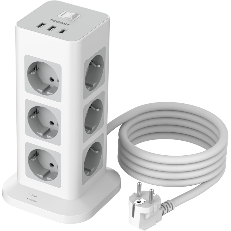 prelungitor tip turn tessan tps04-de, 12 prize, 3 usb, 1 usb-c, 3a, cablu 2m prelungitor tip turn tessan tps04-de, 12 prize, 3 usb, 1 usb-c, 3a, cablu 2m