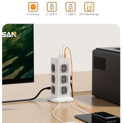 prelungitor tip turn tessan tps04-de, 12 prize, 3 usb, 1 usb-c, 3a, cablu 2m