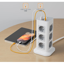 prelungitor tip turn tessan tps04-de, 12 prize, 3 usb, 1 usb-c, 3a, cablu 2m