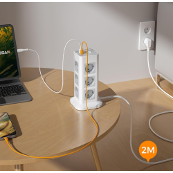 prelungitor tip turn tessan tps04-de, 12 prize, 3 usb, 1 usb-c, 3a, cablu 2m