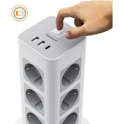 prelungitor tip turn tessan tps04-de, 12 prize, 3 usb, 1 usb-c, 3a, cablu 2m