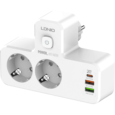 adaptor priza ldnio se2337, 2 prize, 2 x usb-a, 1x usb-c, incarcare rapida qc 3.0, 10a