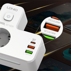 adaptor priza ldnio se2337, 2 prize, 2 x usb-a, 1x usb-c, incarcare rapida qc 3.0, 10a