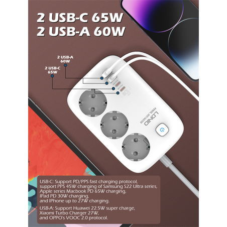 prelungitor ldnio se3436, 3 prize, 2 x usb-a, 2x usb-c, 65w, 2m