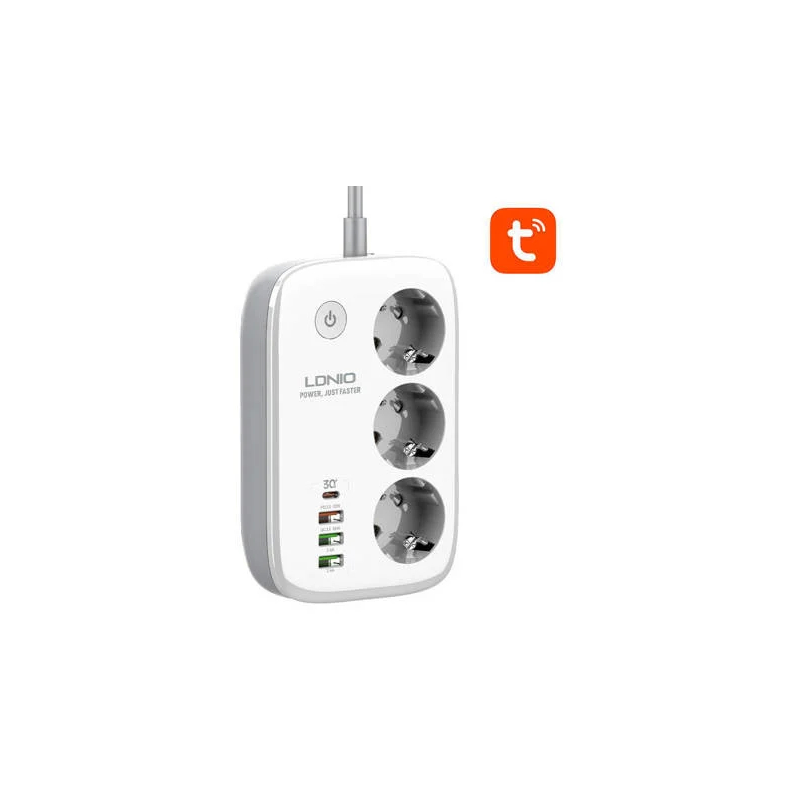 prelungitor smart wifi ldnio sew3452, 3 prize, 3 x usb-a, 1x usb-c, 30w, 2m, incarcare rapida qc 3.0, tuya