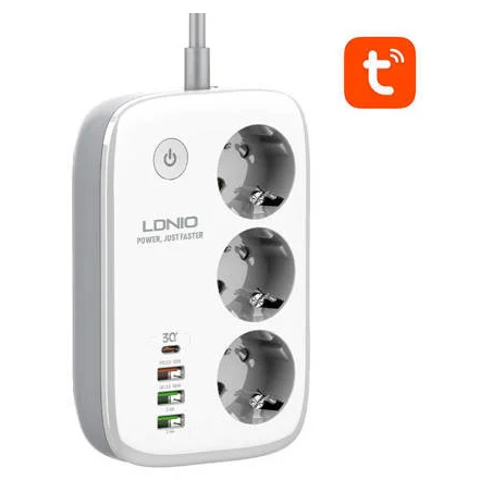 prelungitor smart wifi ldnio sew3452, 3 prize, 3 x usb-a, 1x usb-c, 30w, 2m, incarcare rapida qc 3.0, tuya