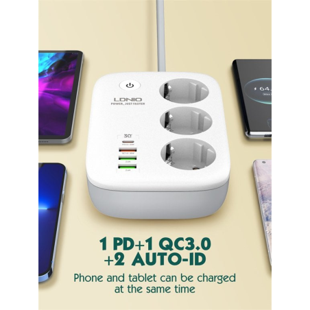 prelungitor smart wifi ldnio sew3452, 3 prize, 3 x usb-a, 1x usb-c, 30w, 2m, incarcare rapida qc 3.0, tuya
