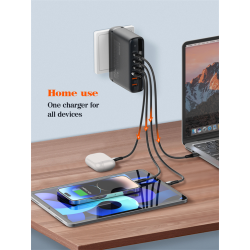 incarcator retea 140w gan lindo a6140c, incarcare rapida, 3xusb-a, 3xusb-c, compatibil eu uk us qc5.0 pps pd pentru, macbook, ip