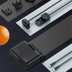 incarcator retea 140w gan lindo a6140c, incarcare rapida, 3xusb-a, 3xusb-c, compatibil eu uk us qc5.0 pps pd pentru, macbook, ip