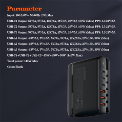 incarcator retea 140w gan lindo a6140c, incarcare rapida, 3xusb-a, 3xusb-c, compatibil eu uk us qc5.0 pps pd pentru, macbook, ip