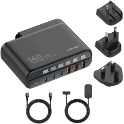 incarcator retea 140w gan lindo a6140c, incarcare rapida, 3xusb-a, 3xusb-c, compatibil eu uk us qc5.0 pps pd pentru, macbook, ip