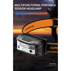 lanterna led pentru cap superfire hl05-k, 120lm, 100m, 500mah, lumina rosie, control miscare