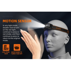 lanterna led pentru cap superfire hl23-a, 220lm, 120m, 1600mah, lumina rosie, incarcare usb-c, control miscare