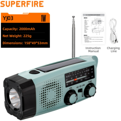 lanterna led multifunctionala cu radio superfire yj03, incarcare solara sau manuala (dinam), power bank, 100lm, 2000mah, incarca