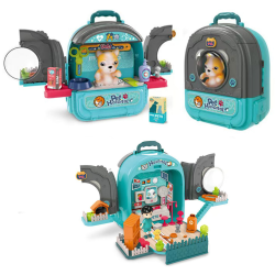 set ghiozdan jucarie 3 in 1 rovo 998-1, spital catel, veterinar, 59 piese - albastru