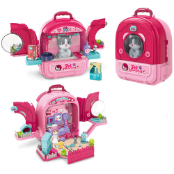 set ghiozdan jucarie 3 in 1 rovo 997-2, spital pisica, veterinar, 59 piese - roz