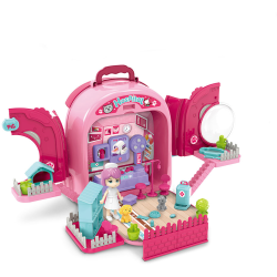 set ghiozdan jucarie 3 in 1 rovo 997-2, spital pisica, veterinar, 59 piese - roz