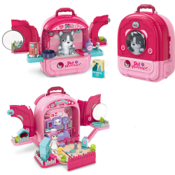 set ghiozdan jucarie 3 in 1 rovo 997-1, spital catel, veterinar, 59 piese  - roz