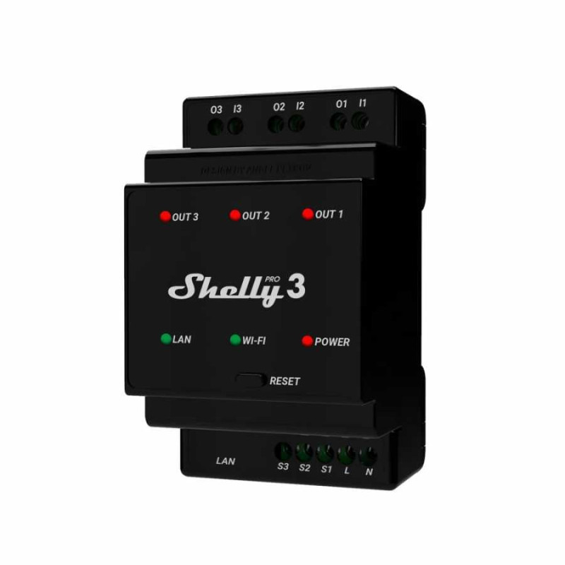 releu inteligent shelly pro 3 - 3canale, wifi, lan, sina din, control aplicatie, compatibil amazon alexa, google assistant si ho