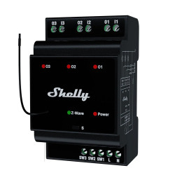 shelly wave pro 3 lr ,   releu inteligent z-wave long range cu 3 canale, montaj pe sina din