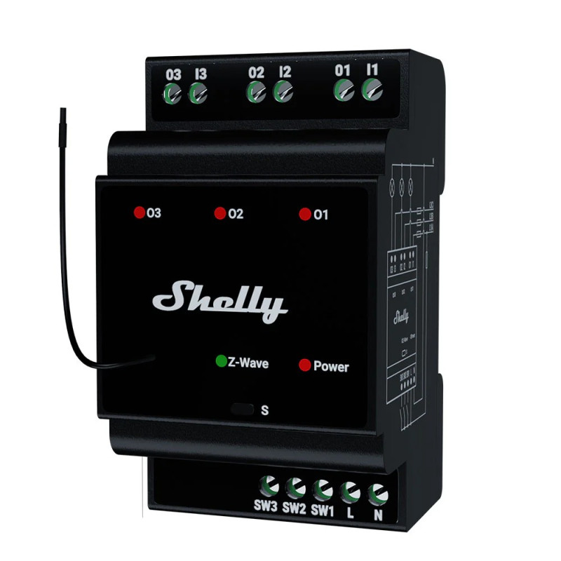 shelly wave pro 3 lr ,   releu inteligent z-wave long range cu 3 canale, montaj pe sina din