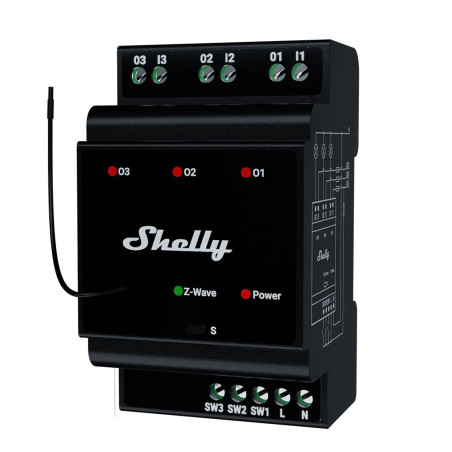 shelly wave pro 3 lr , releu inteligent z-wave long range cu 3 canale, montaj pe sina din