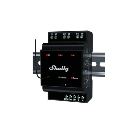 shelly wave pro 3 lr , releu inteligent z-wave long range cu 3 canale, montaj pe sina din