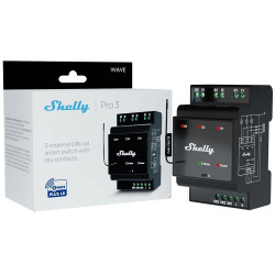 shelly wave pro 3 lr ,   releu inteligent z-wave long range cu 3 canale, montaj pe sina din