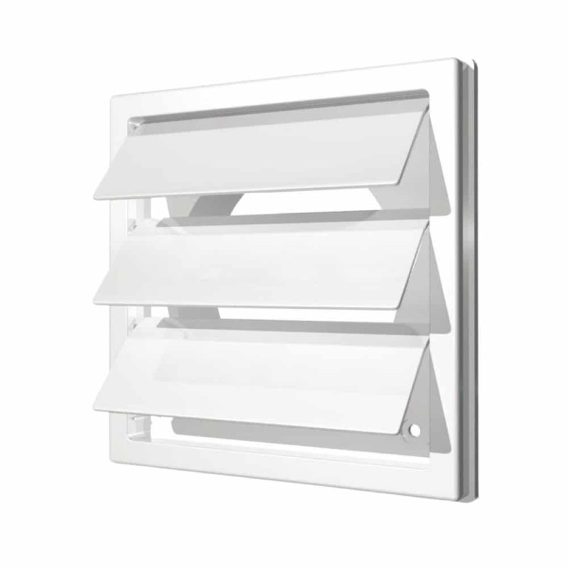 grila ventilatie o100mm patrata cu lamele gravitationale, exterior 150x150, asa plastic alb