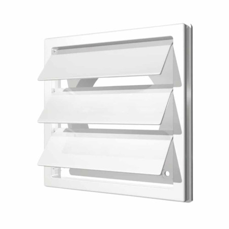 grila ventilatie o100mm patrata cu lamele gravitationale, exterior 150x150, asa plastic alb