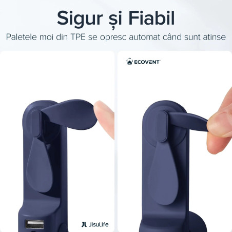 ventilator portabil de mana jisulifel, life8, autonomie 12-21h, baterie 2000mah, functie power bank, lanterna led, design pl