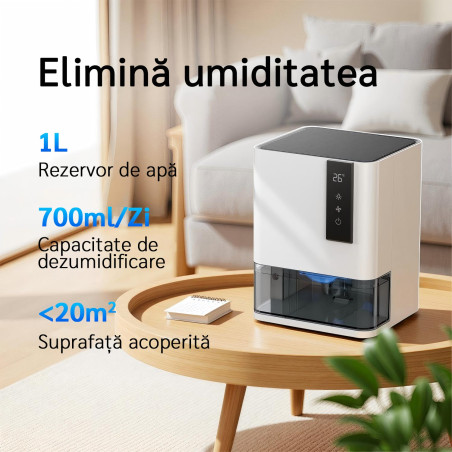 resigilat! dezumidificator evoair hidry, 700ml/24h, senzor de umiditate/temperatura, lumina ambientala in 7 culori, rezervor 1l,