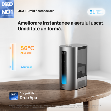 umidificator dreo 713s, smart, wifi, rezervor 6l, capacitate de umidificare 300 ml/h rece si 500 ml/h cald, argintiu