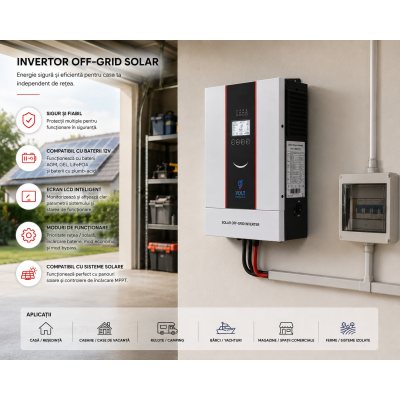 Invertor Solar Off-Grid Hibrid 1.5KW 12V cu Controller MPPT Integrat și Undă Sinusoidală Pură – Eficiență și Autonomie Totală