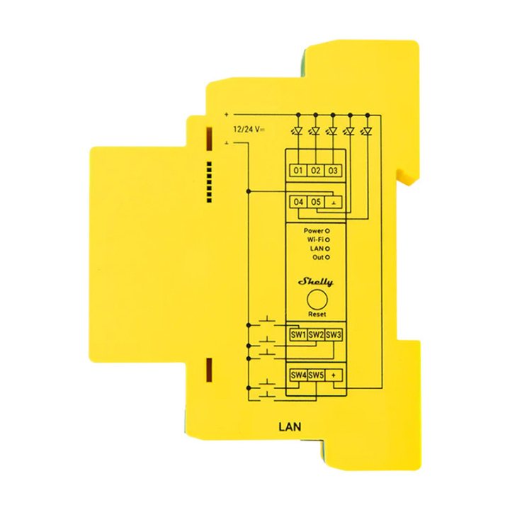 controler de iluminare shelly rgbww pro wifi cu 5 canale, montat pe sina din