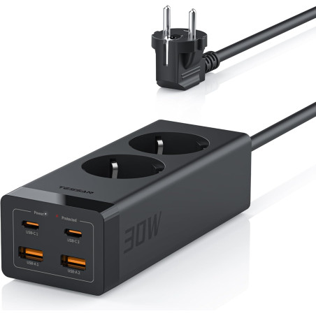 prelungitor tessan , zts-fs01de, 2x usb-c, 2x usb, 2 prize, incarcare rapida usb-c, 30w, 2m, negru