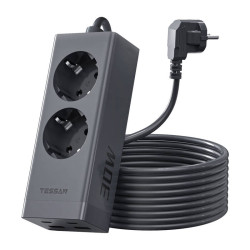 prelungitor tessan , zts-fs01de, 2x usb-c, 2x usb, 2 prize, incarcare rapida usb-c, 30w, 2m, negru