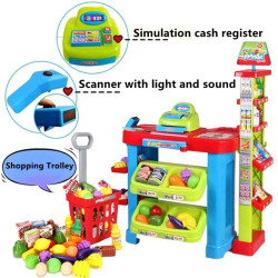 set de cumparaturi tip supermarket rovo 85 pentru copii, jucarie interactiva, scanner, casa de marcat, cos de cumparaturi, lumin