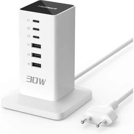 prelungitor tip turn tessan ts-cs04, 6 prize, 4 usb, 2 usb-c, 30 w, cablu 2m