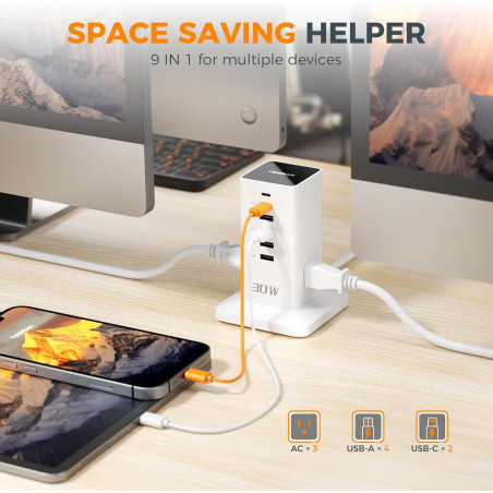 prelungitor tip turn tessan ts-cs04, 6 prize, 4 usb, 2 usb-c, 30 w, cablu 2m