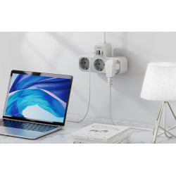 priza multipla tessan ts-323x-c, cablu 15 cm, 3 prize, 1 port usb-c, 2 porturi usb, 240 v, alb ,2500w 10a