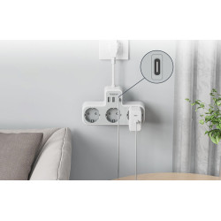 priza multipla tessan ts-323x-c, cablu 15 cm, 3 prize, 1 port usb-c, 2 porturi usb, 240 v, alb ,2500w 10a